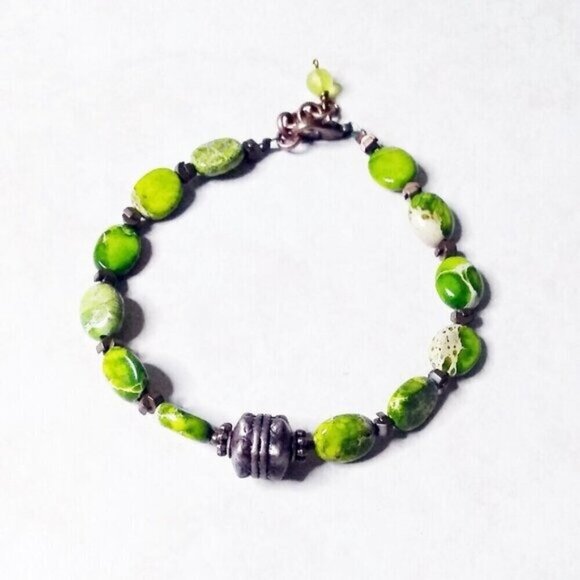 Bright Green Sea Sediment Jasper + Copper Bracelet ~ Adjustable Fits 7-8" Wrists - Picture 1 of 8